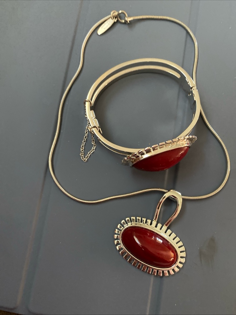 Silver-Tone Red Stone Pendant Necklace and Bracelet Set - Women Jewelry